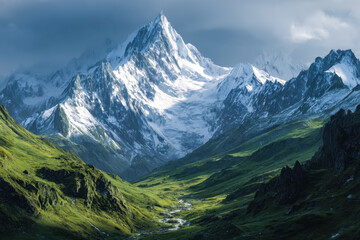 Majestic snow-capped mountains overlooking lush green valleys