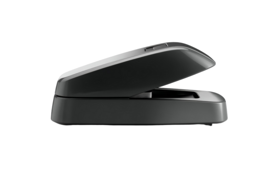 A black stapler with a silver handle