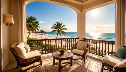 Naklejka premium Luxurious beachfront balcony overlooking a tropical beach