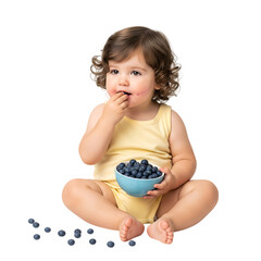 Toddler Eating Blueberries from a Bowl on White Background