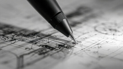 Close-up of a mechanical pencil drawing architectural blueprints and technical design plans for construction and engineering projects on white paper surface