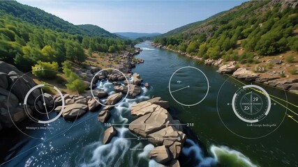Aerial view capturing river dynamics through data visualization, flowing across rocky terrain and verdant forest landscape - Powered by Adobe