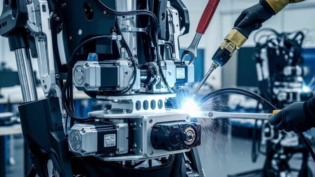 Detailed view of servo motors and actuators being integrated into a heavyduty exoskeleton frame inside a modern industrial robotics lab.