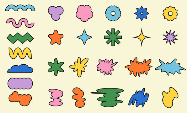 Y2k abstract groovy shape set, funky flower, vector cute minimal sticker kit, stars, wavy objects. Brutal geometric frame, flat basic form, colorful futuristic design graphic. Brutalism groovy shapes