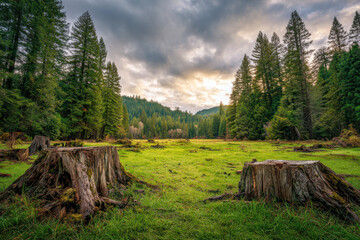 Peaceful forest clearing with vibrant green grass and large tree stumps framed by tall evergreens under a dramatic cloudy sunset sky in a tranquil natural landscape