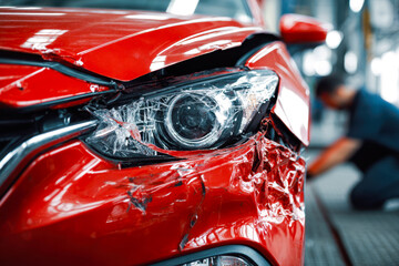 Fototapeta premium Close-up of a red car with front-end damage after a collision