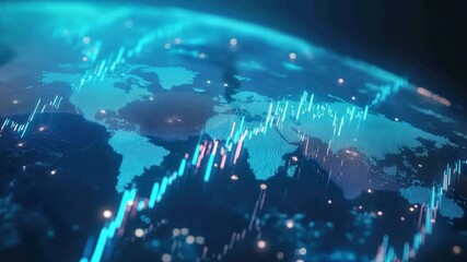 A digital globe displays global data visualization, with abstract charts and glowing highlights - Powered by Adobe