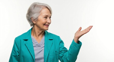 Smiling senior woman with gray hair presenting or offering something with her open hand against a white background.