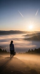 Fototapeta premium Confident professional woman stands on a mountain summit, holding briefcase. She observes the vast misty valley below bathed in a golden sunrise, symbolizing ambition, leadership.
