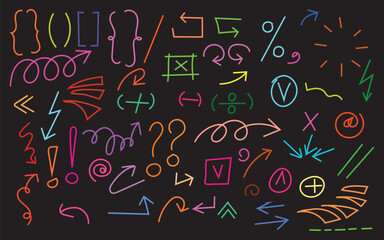 Colorful doodle elements on dark background