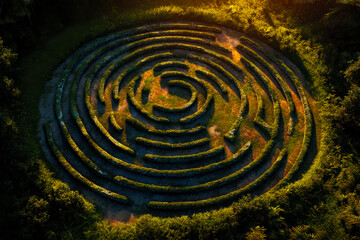 Enchanted forest maze with intricate winding pathways in lush greenery