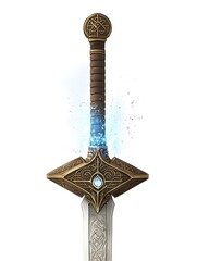 Golden Ornate Sword Weapon: Epic Medieval Fantasy Digital Illustration with Mystic Gem Sparkle