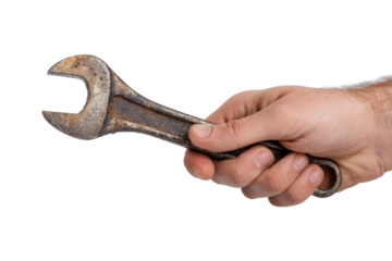 Hand Holding Rusty Open-End Wrench on Transparent Background