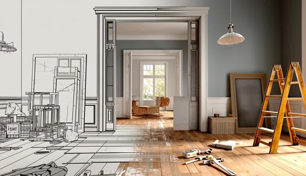 Concept of home refurbishment, showing the transformation and renovation process of a residential space