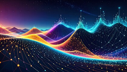 未来的なデジタル風景と光の波のアート