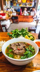 A bowl of flavorful beef pho, brimming with tender beef, noodles, herbs, and spices, is centrally positioned on a rustic wooden table.