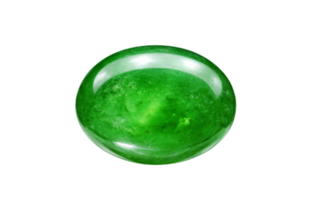 A green gemstone sits on a white background