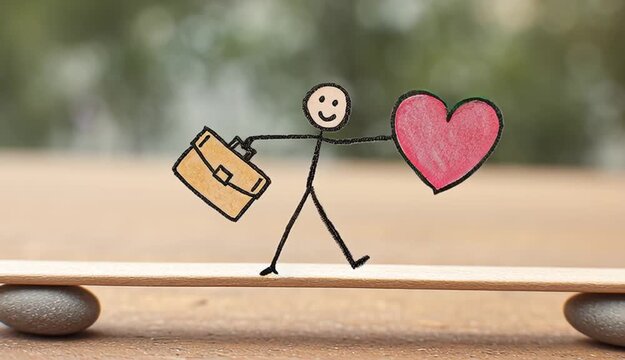 Balancing a briefcase and heart, a stick figure shows the need to manage work responsibilities alongside emotional and personal life