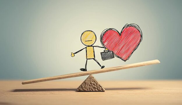 Balancing a briefcase and heart, a stick figure shows the need to manage work responsibilities alongside emotional and personal life