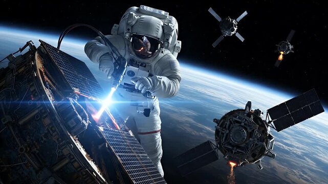 An astronaut engineer works on repairing a satellite with a bright welding tool during a dangerous spacewalk.