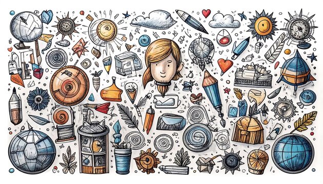 A whimsical, detailed illustration featuring a diverse collection of whimsical objects, including globes, suns, clocks, and various inventions, all rendered with a rich array of colors and textures.