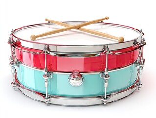Vibrant red and teal drum set, featuring a glossy finish, rests on a plain white background.