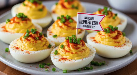 A plate of deviled eggs garnished with paprika and chives with a national deviled egg day flag