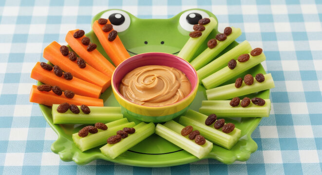 Arrangement of celery and carrot sticks with raisins and a bowl of peanut butter on a frog shaped plate - Powered by Adobe
