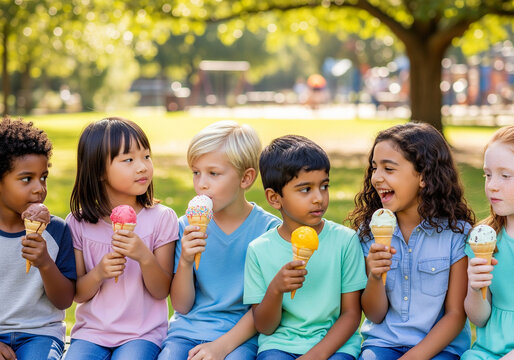 A diverse group of happy children sitting on a park bench and enjoying ice cream cones on a sunny day
