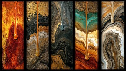 Paint cascading, blending dynamically across surface with gold, black, brown, orange, teal hues creating fluid abstract patterns revealing mesmerizing visual artistry