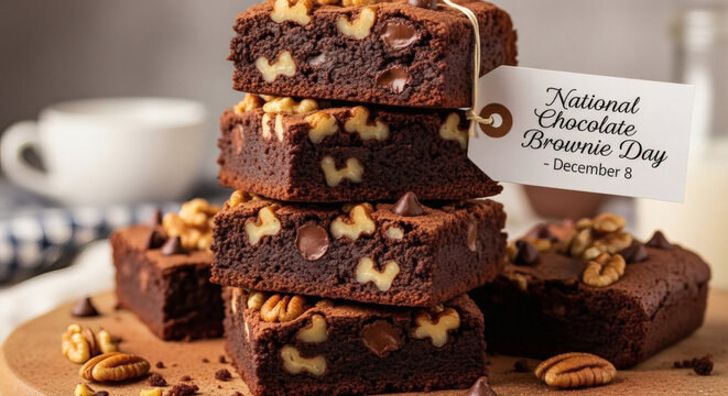 Stack of walnut chocolate brownies with national chocolate brownie day tag on wooden board backdrop - Powered by Adobe