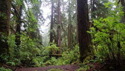 Obraz premium Lush green temperate rainforest with tall trees and ferns.