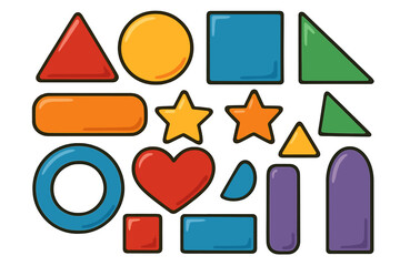 Set of colorful basic geometric shapes. Vector cartoon illustration of primitive forms like circle, square, triangle, star, heart. Design elements for kids and education.