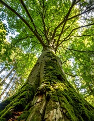 Fototapeta premium Lush green foliage crowns a massive, moss-covered tree trunk, bathed in sunlight filtering through the forest canopy.