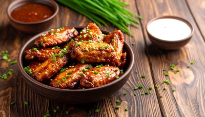 Crispy chicken wings in a bowl with sauces