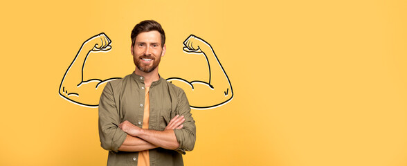 A confident individual stands with arms crossed, displaying biceps in front of a bright yellow...