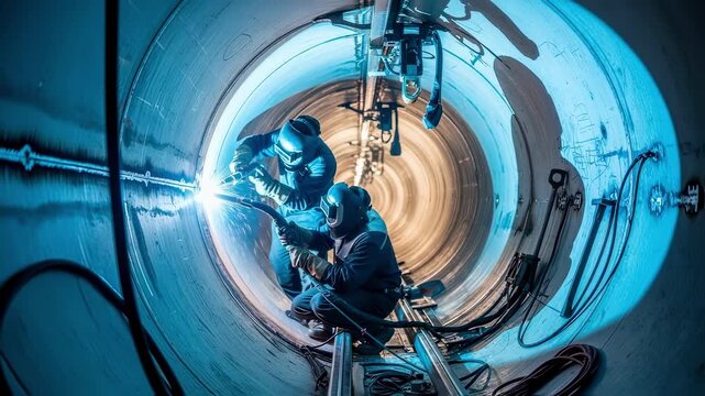 Interior view inside hollow hyperloop tube section showing welding process on longitudinal seams by specialized technicians.