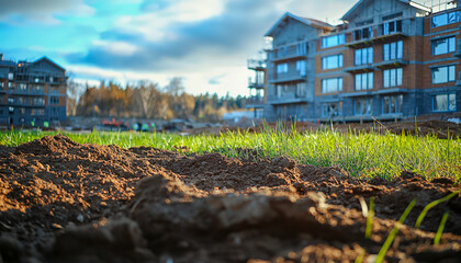 New residential buildings under construction with a grassy foreground and cloudy sky