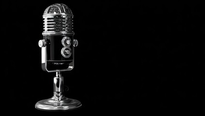 A vintage-style microphone stands out against a striking black background, showcasing its intricate details and metallic sheen.