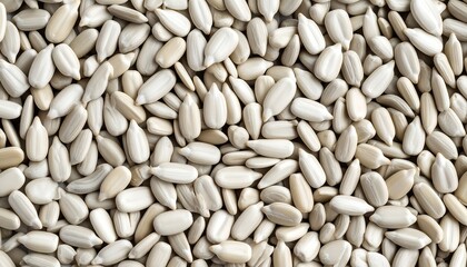 Close-up view of many light beige sunflower seeds, creating a textured background.