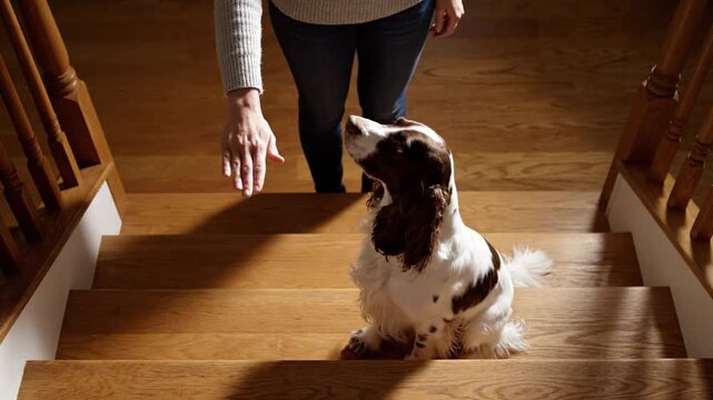 English springer spaniel sitting on wooden stairs, attentively looking upward while owner extends hand during training session, reinforcing stay command with patience and care