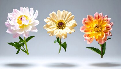Fototapeta premium Three vibrant flowers, light beige, pale pink, and orange-peach, levitate against a neutral backdrop, showcasing their delicate beauty.