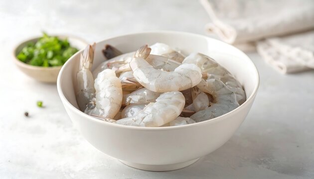 Fresh shrimp in a white bowl, ready for cooking, set against a light gray surface.