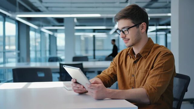 This is a man who appears to be working or studying. He's wearing professional attire and looking intently at the tablet screen, which suggests he might be reading important documents or analyzing