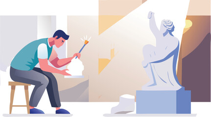 A man paints a statue against a plain white background, focusing intently on his work.