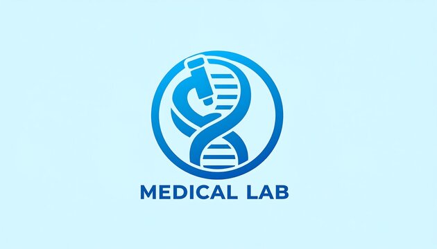 Innovative medical laboratory logo displaying dna strand and microscope icon