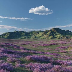 Lush purple wildflowers blanket a grassy valley, with rolling green hills and a clear blue sky.  A single puffy white cloud floats peacefully above