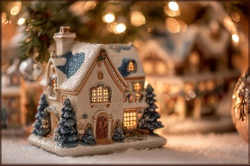 Miniature Christmas village house with glowing lights