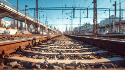 Perspective view of railway tracks at a busy station with overhead electric wires