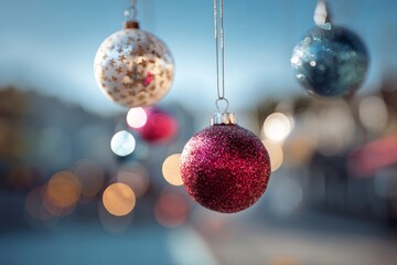 Red Christmas ornament hanging outdoors / Holiday baubles hanging in the air